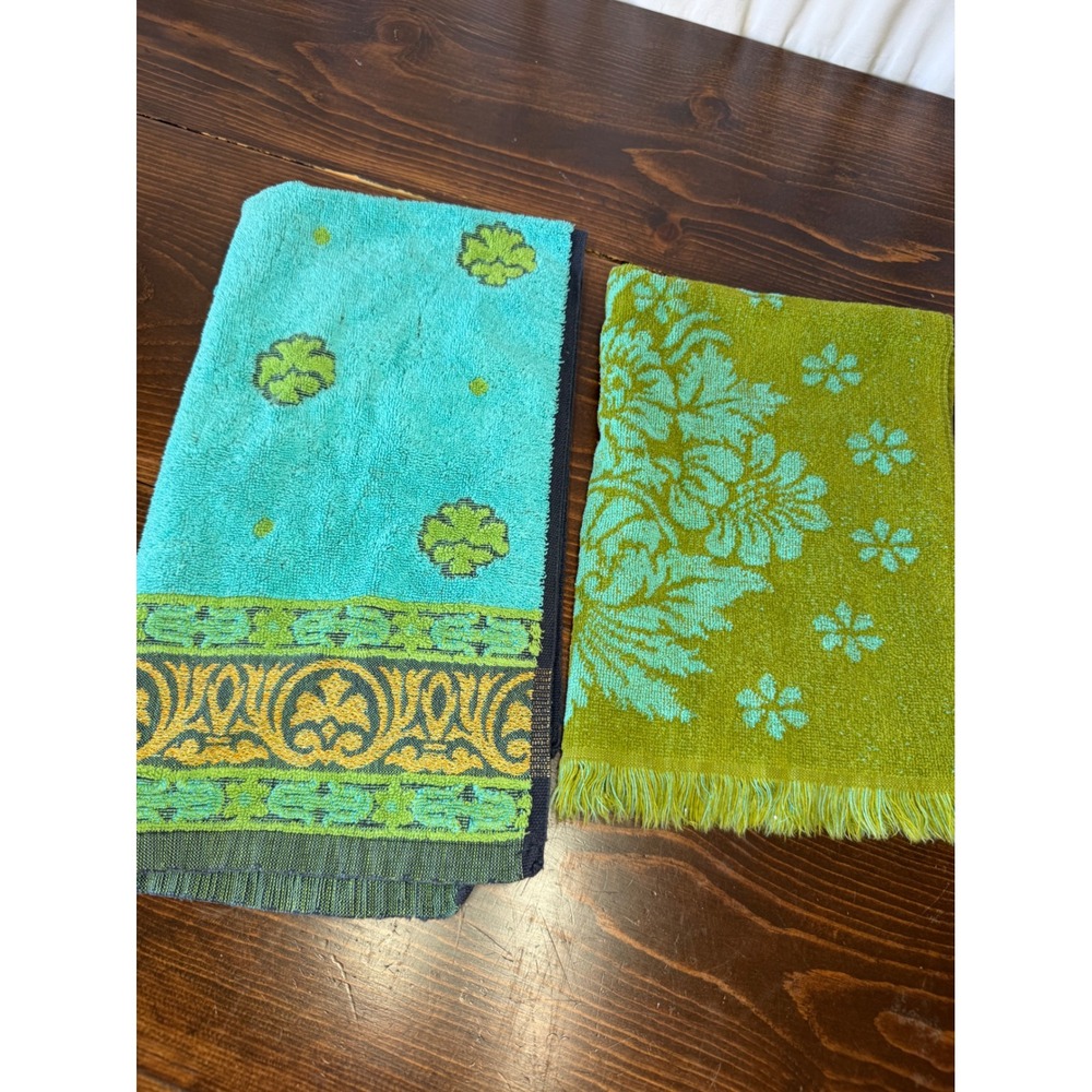 Vintage St Marys Hand Towel Set 2 Turquoise Green Floral Clover Cotton USA Made